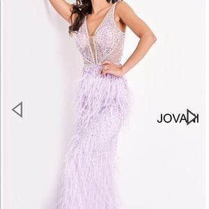 Jovani 03023 Sheer Embellished Bodice Feather Prom Dress (purple, size 4)